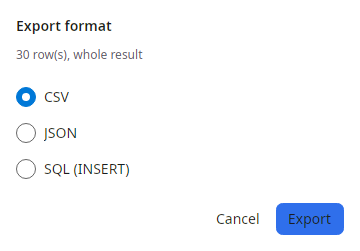 The export dialog offering CSV, JSON and SQL INSERT for the whole result set