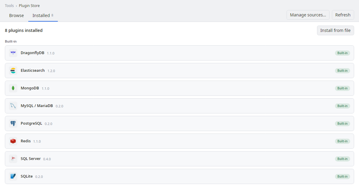 SQL Explorer Plugin Store listing the installed database providers with their versions